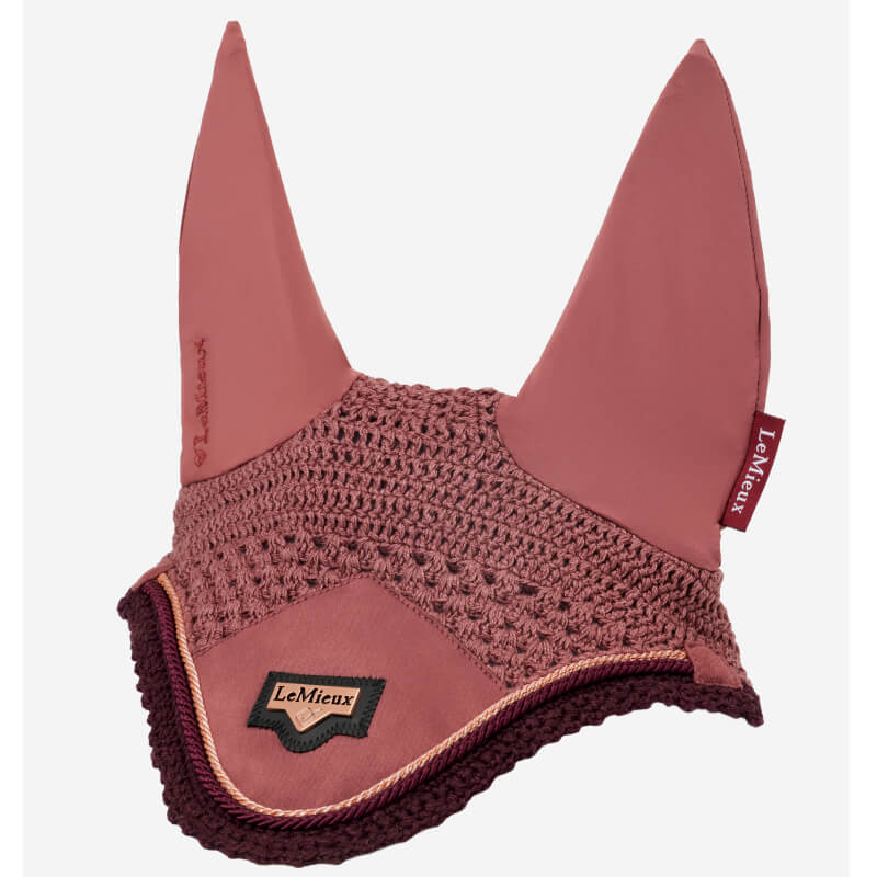 LeMieux Loire Fly Hood in Orchid satin with brand tags.