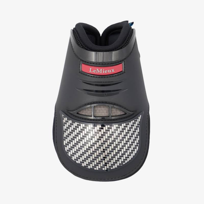 LeMieux Exo-Flex Fetlock Boot in black/silver with mesh and carbon fiber pattern.