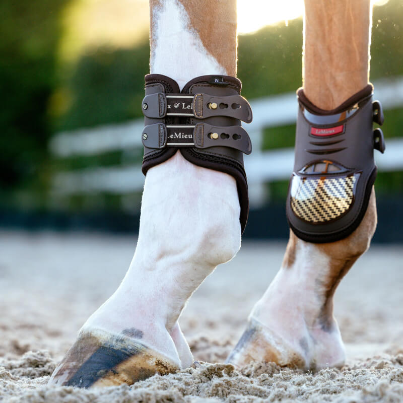 Protect your horse’s legs with LeMieux Exo-Flex Fetlock Boot Brown/Gold on sandy ground.