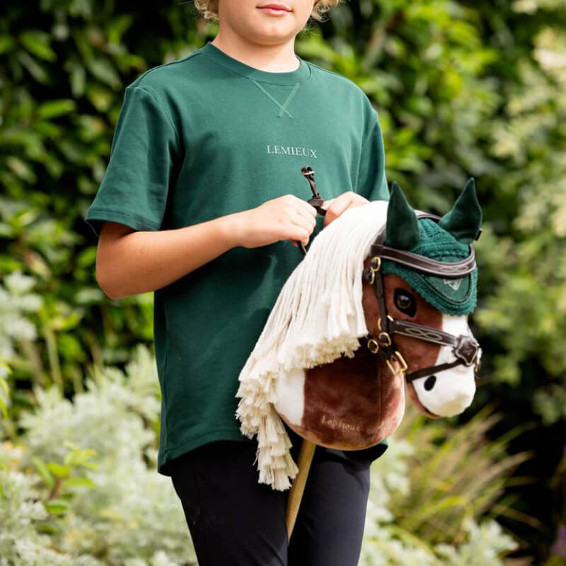 Child outdoors in green shirt, dark pants, with LeMieux Hobby Horse Grackle Bridle Brown.