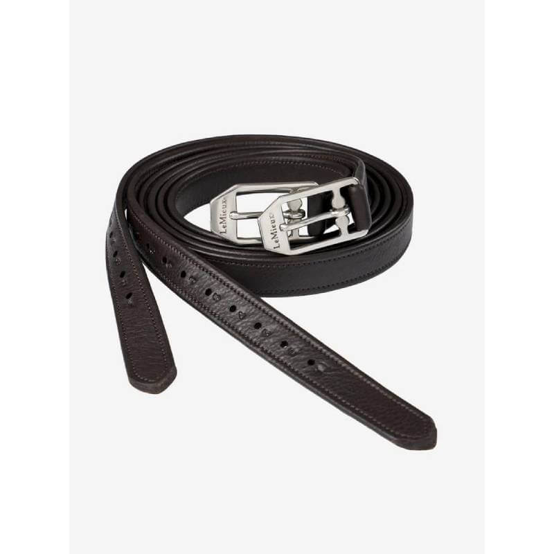 Coiled LeMieux Arika Stirrup Leather Brown belt with a silver buckle.