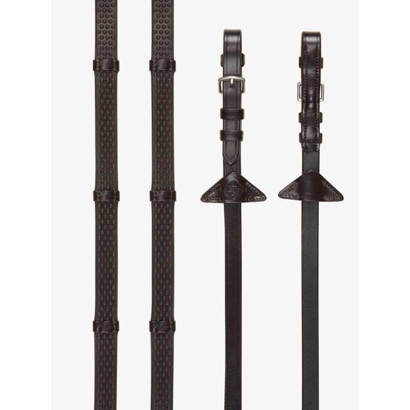 Close-up of LeMieux Soft Rubber Reins with Stoppers in brown/silver, showing textured detail.