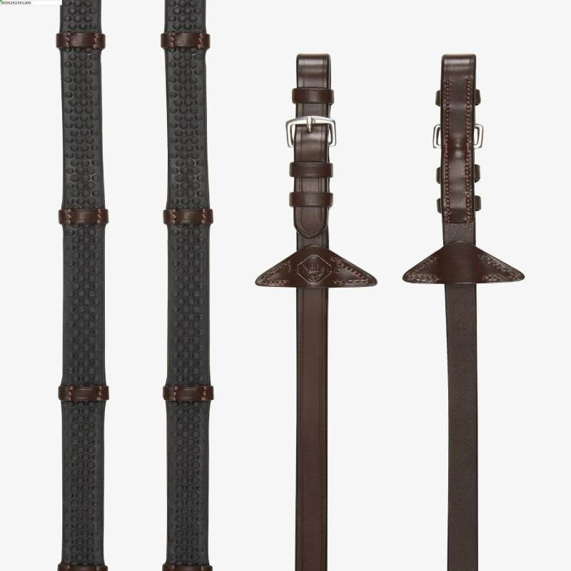 LeMieux Soft Rubber Reins with Stoppers in Havana/Silver and textured black grip, by LeMieux.