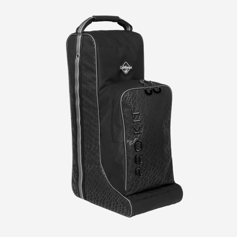 LeMieux Elite Pro Boot & Hat Bag Black with handle and zippered front pocket for storage.
