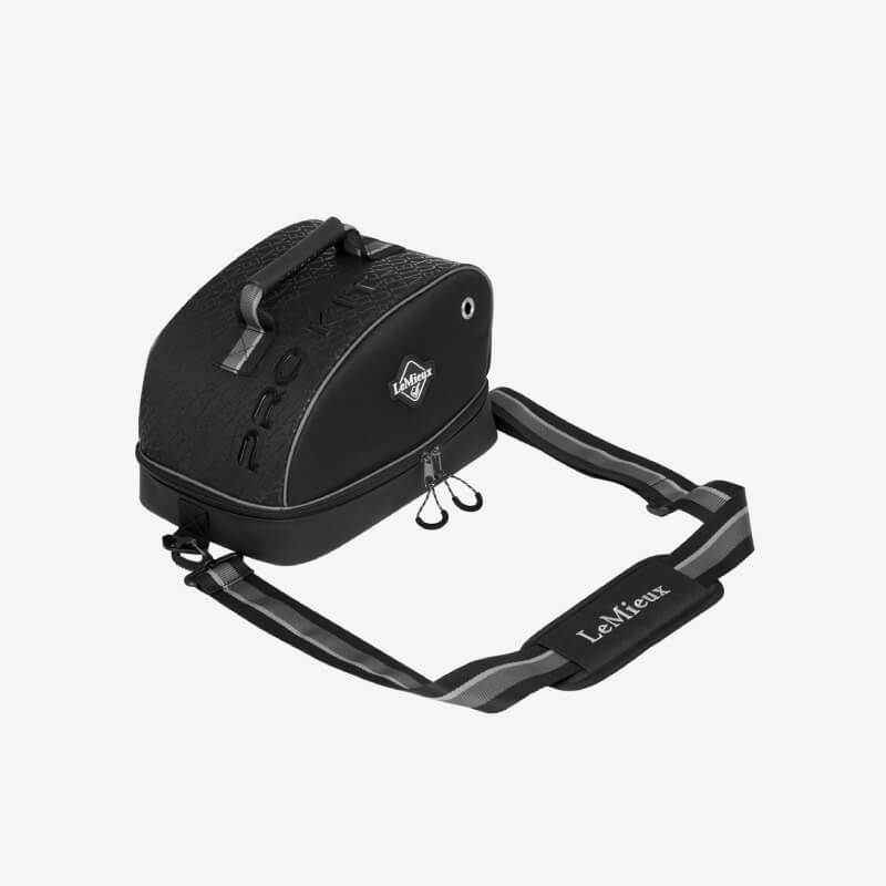 Black LeMieux Elite Pro Hat Bag with padded section and shoulder strap on white background.