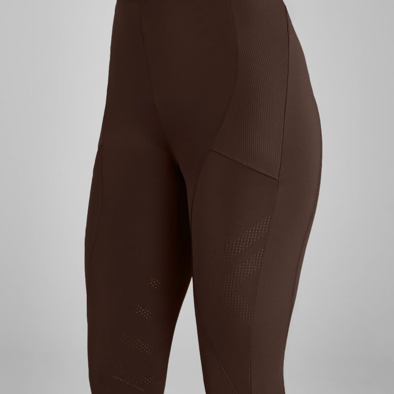 Close-up of Aztec Diamond Core Leggings Knee Grip Mocha against a plain gray background.