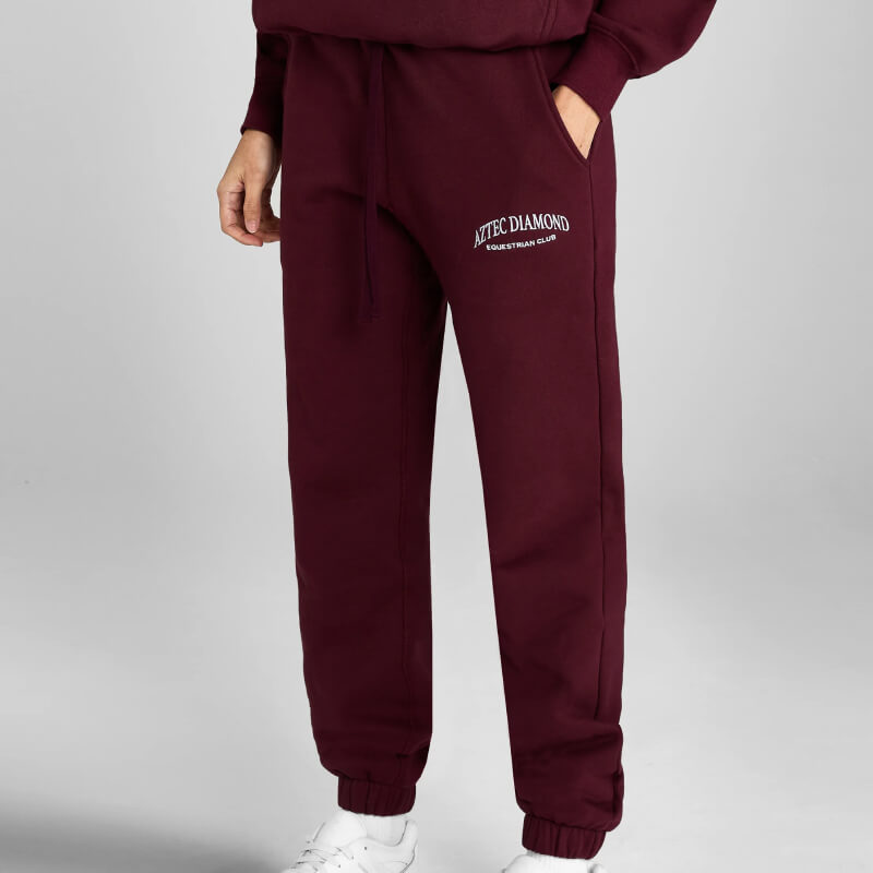 Person in Aztec Diamond EQ Club Sweatpants Cherry, white shoes, gray backdrop.