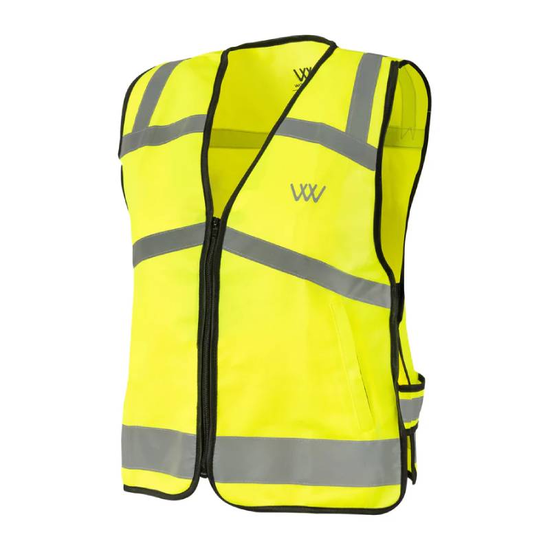 Woof Wear Hi Vis Riding Vest Junior Yellow with reflective stripes and black front zipper.