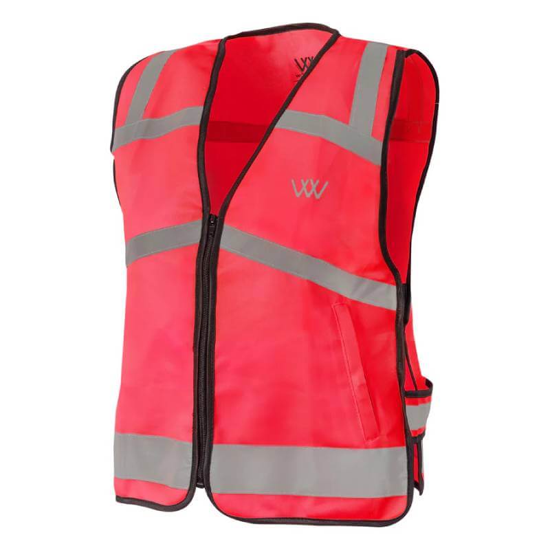 Woof Wear Hi Vis Riding Vest Junior Pink with front zipper for added equestrian safety.