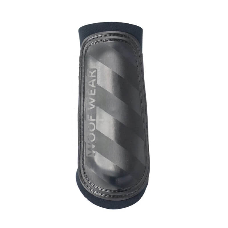 Woof Wear Club Brushing Boot 2.0 Black with WOOF WEAR text on the front.