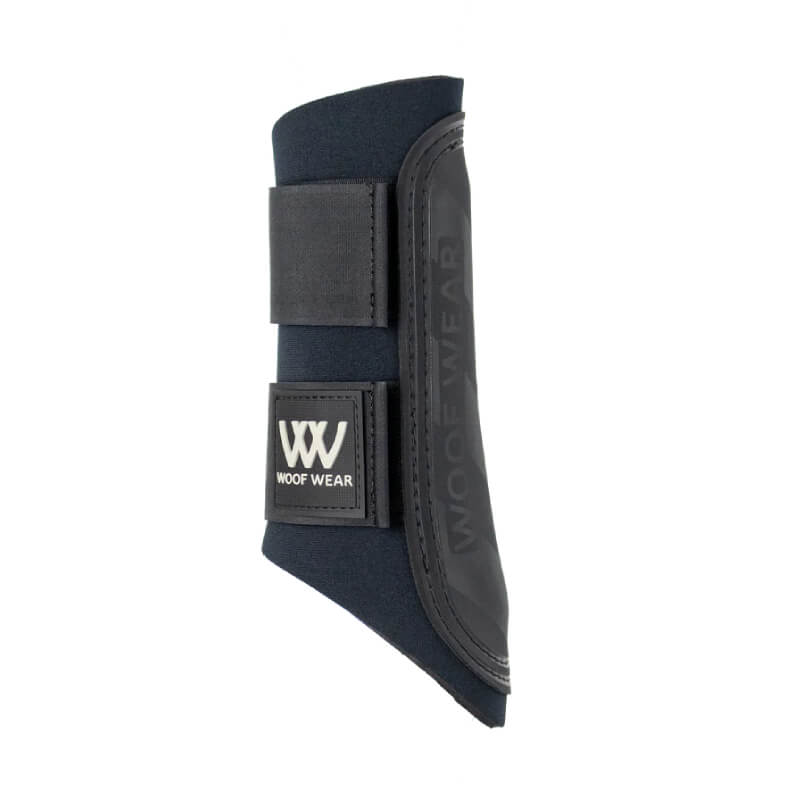 Woof Wear Club Brushing Boot 2.0 Black with velcro straps, side view.