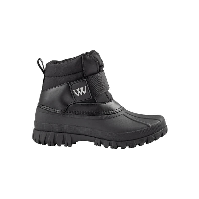 Woof Wear Short Yard Boots Black: thick sole, Velcro strap, fleece lining, side profile shown.