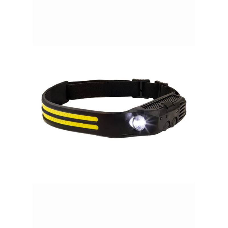 Woof Wear LED Head Torch Black with yellow stripes, bright light, and adjustable headband.