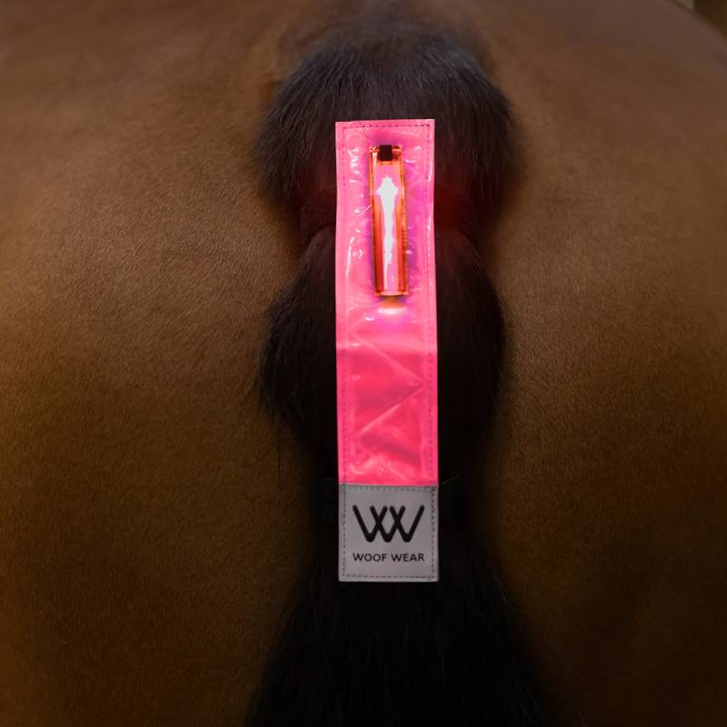 Woof Wear LED Hi Vis Tail Light Pink with reflective strip for enhanced horse safety.