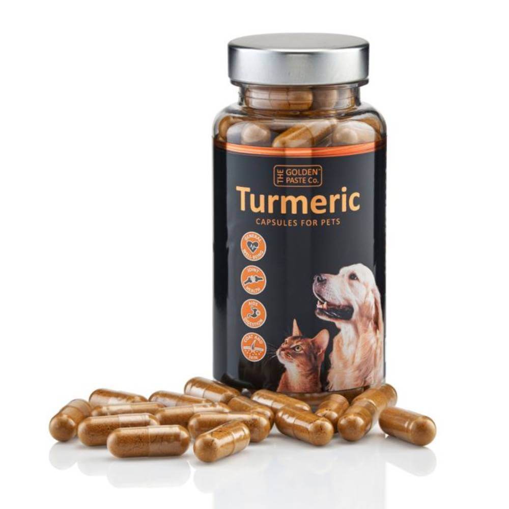 The Golden Paste Company Turmeric Capsules 250g with capsules scattered in front of the bottle.