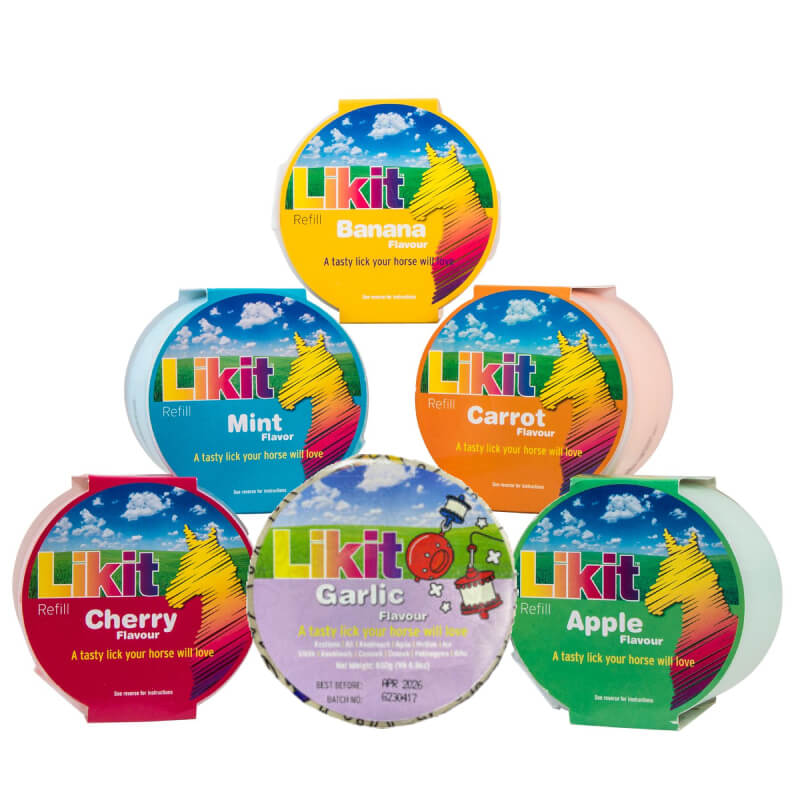 Six Likit Large Refill treats in assorted flavors, stacked for use with Likit stable toys.
