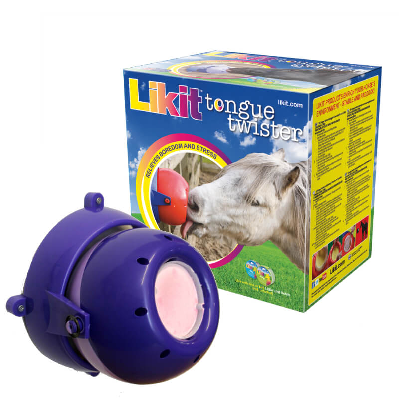 Likit Tongue Twister Purple &amp; Lilac by Likit, with packaging showing a horse enjoying the toy.