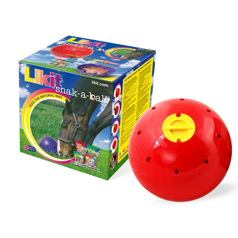 Likit Snak A Ball horse toy by Likit shown with packaging, used by a horse on grass.