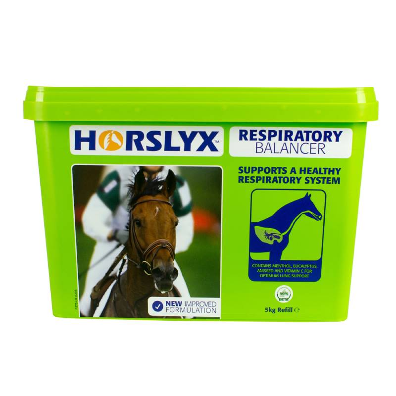 Horslyx Respiratory Lick Refill 5kg horse supplement in green tub with vitamin C.