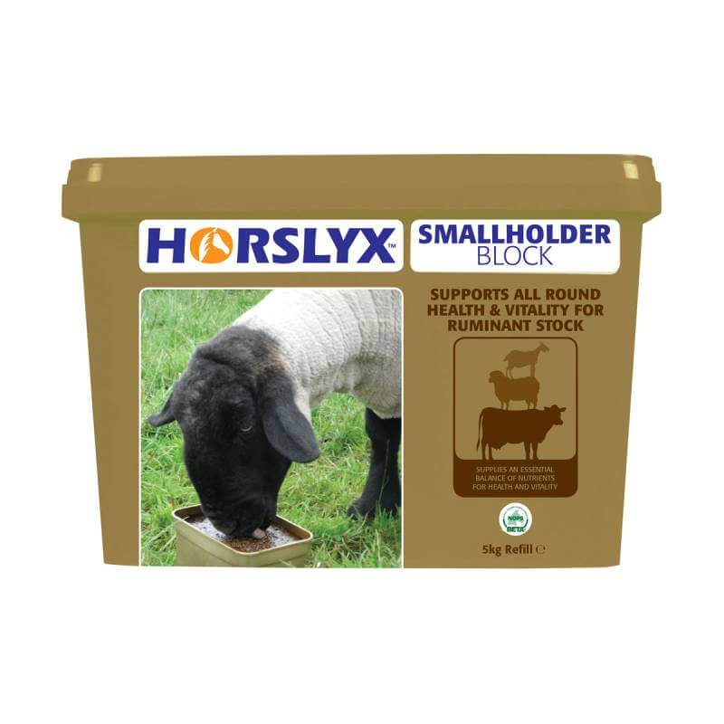 Horslyx SmallHolder Block 5kg tub features a sheep enjoying this high energy Horslyx supplement.