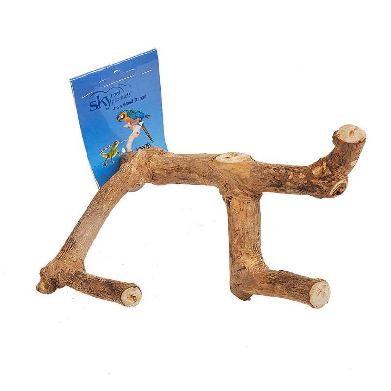 Java Multibranch Extra Small wooden bird perch with branches and a blue label on top.