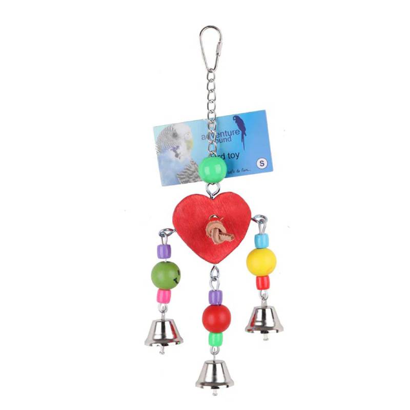 Sky Pet Wooden Heart Bird Toy features colorful beads and three silver bells at the bottom.