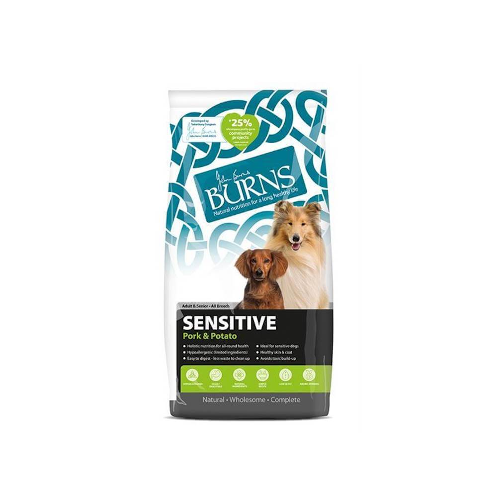 Burns Adult Sensitive Pork &amp; Potato dog food bag with two dogs pictured on the front.