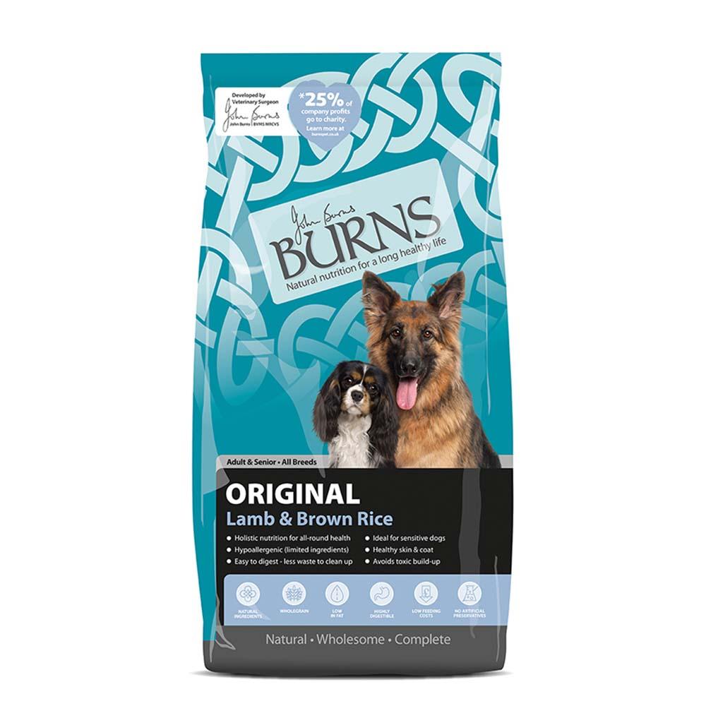 Burns Adult Original Lamb &amp; Brown Rice dog food, hypoallergenic, two dogs on pack.