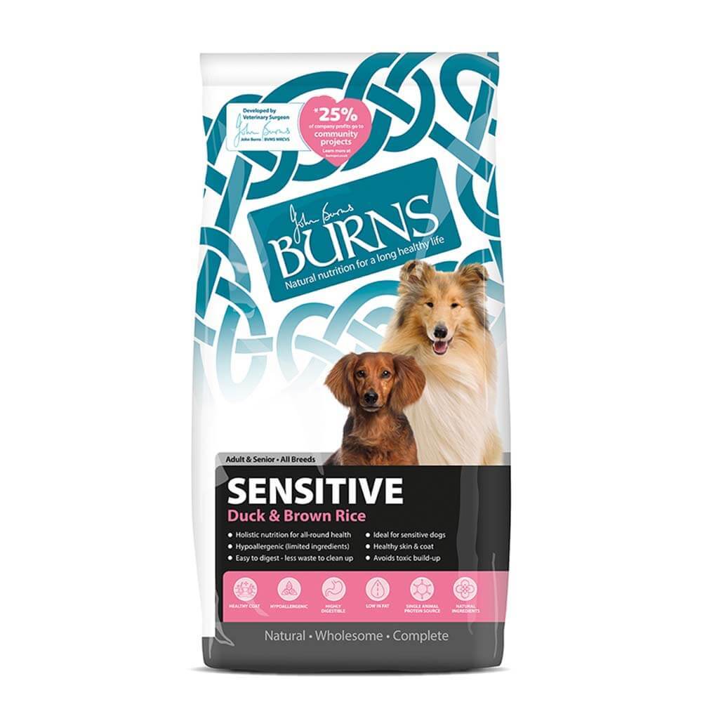 Burns Sensitive Adult Duck &amp; Brown Rice dog food bag with a collie and dachshund on packaging.