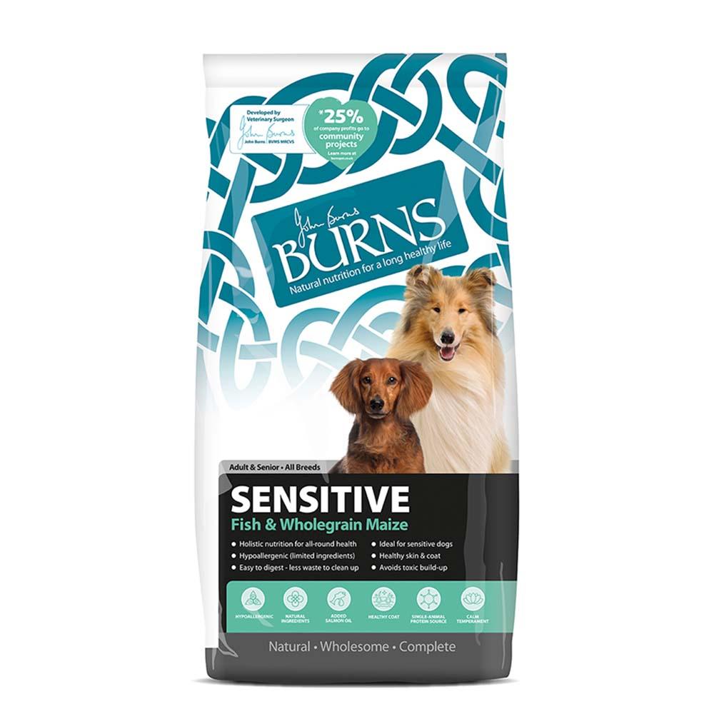 Burns Adult Sensitive Fish &amp; Wholegrain Maize, featuring a Collie and Dachshund on the pack.