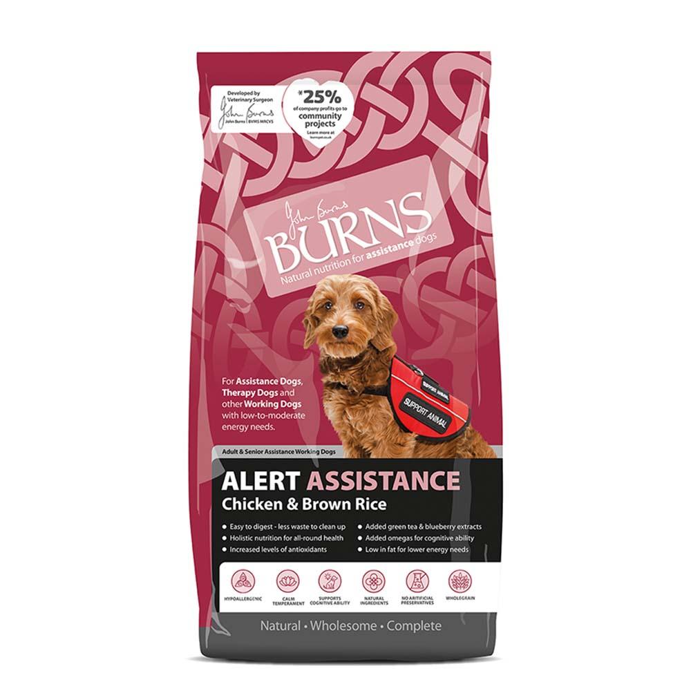 Burns Canine Alert Assistance Dry Dog Food with a service dog in a red vest.
