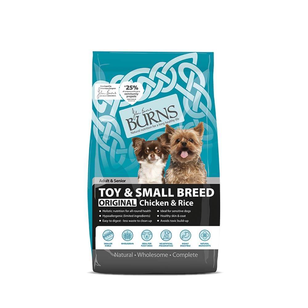 Burns Chicken &amp; Rice Toy &amp; Small Breed dog food, Burns brand, features two small dogs on bag.