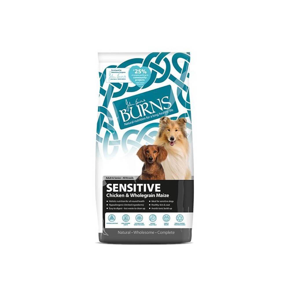 Burns Sensitive Adult Chicken &amp; Wholegrain Maize dog food, made with natural ingredients.