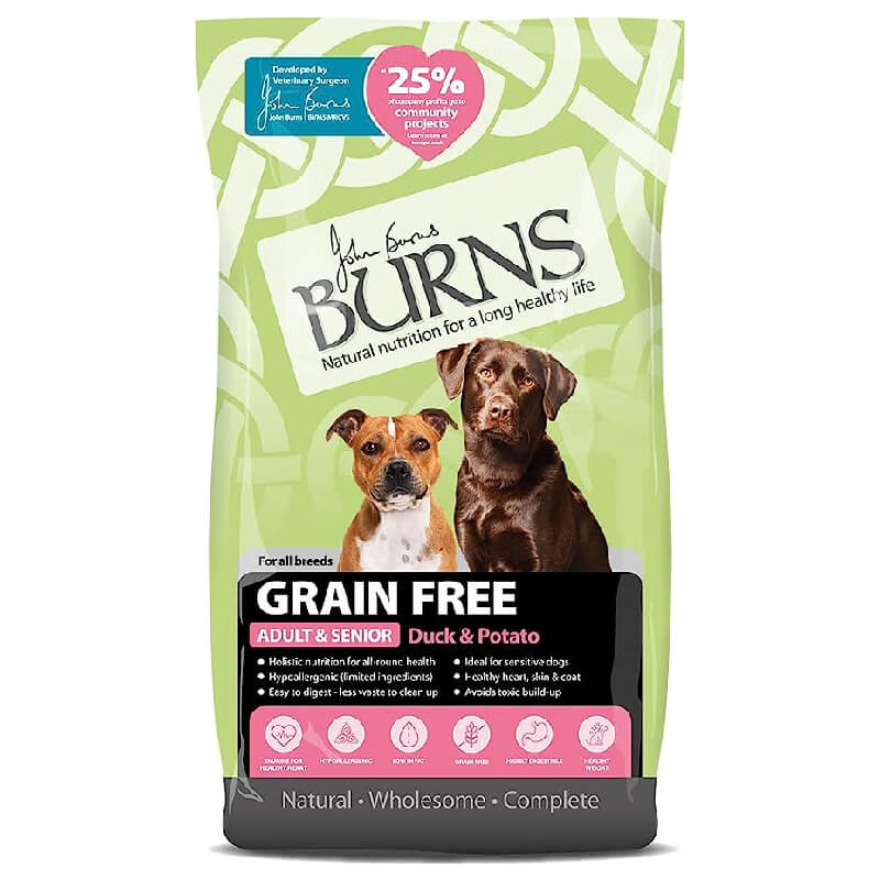 Burns Sensitive Grain Free Adult Duck &amp; Potato for sensitive dogs with a brown Labrador and tan terrier.