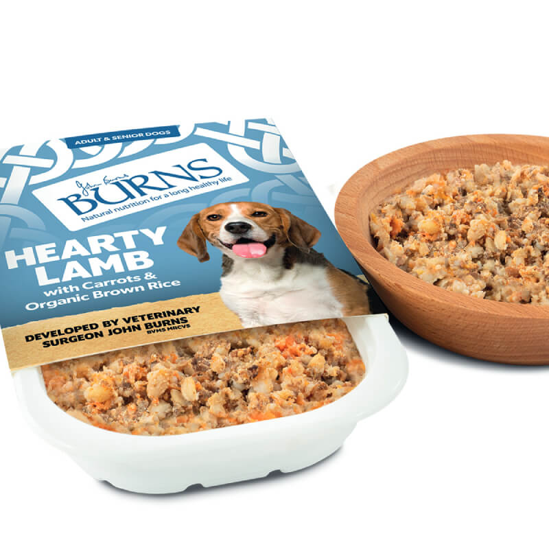 Burns Penlan Tray Range Lamb 395g wet dog food with carrots and brown rice.