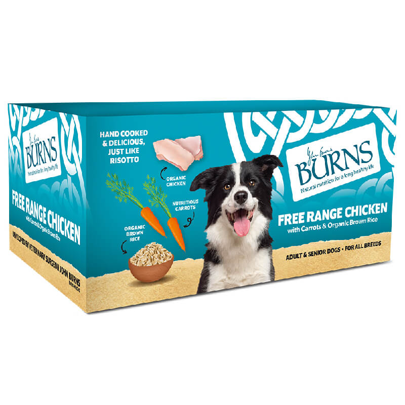 Burns Penlan Tray Range Chicken 7x150g box features a Border Collie and free range chicken.