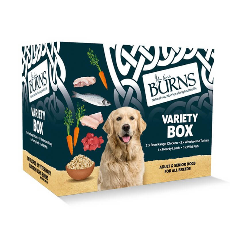 Burns Penlan Tray Range Variety Pack 6x395g dog food with meat and rice.