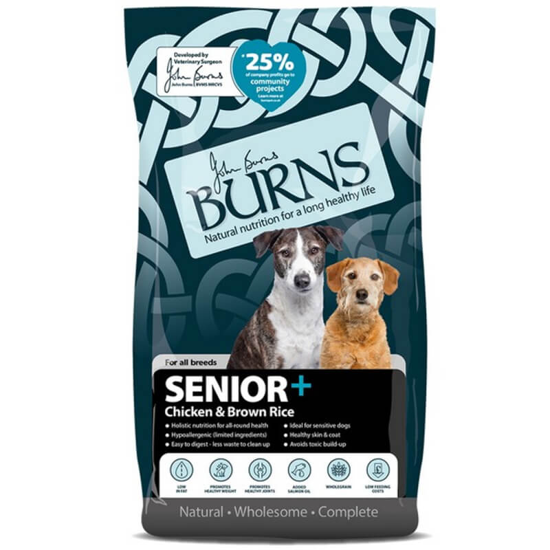Burns Senior+ Chicken dog food supports healthy joints in older dogs.