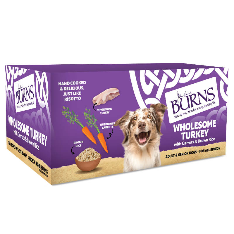 Burns Wholesome Turkey Wet Food 7x150g, hypoallergenic, purple box with happy dog.