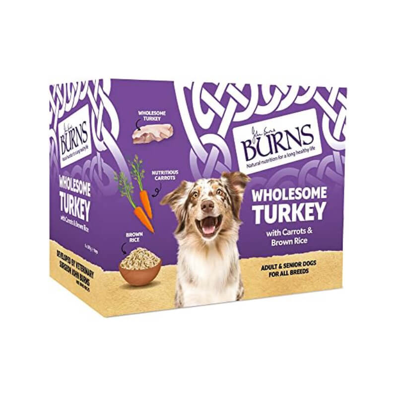 Burns Penlan Tray Range Turkey 8x395g with natural ingredients, featuring a happy dog on pack.