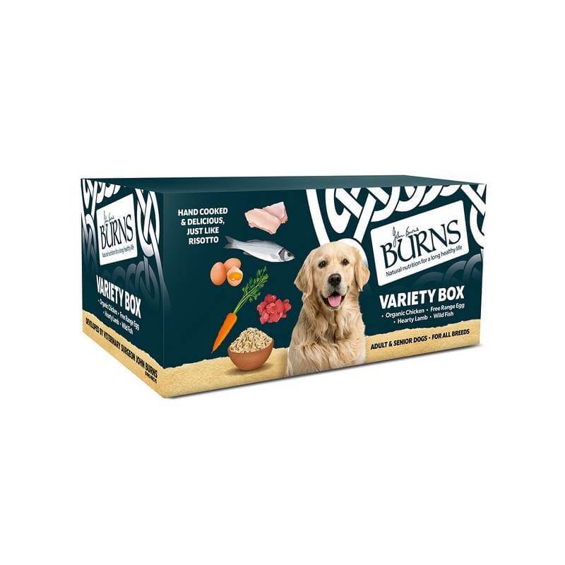 Burns Wet Dog Food Variety Box 8x395g with dog, chicken, fish, rice &amp; vegetables shown.