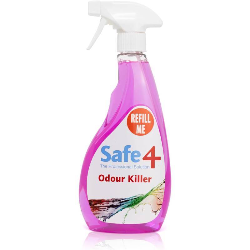 Safe4 Odour Killer 500ml spray with pink non-toxic formula and Refill Me sticker.