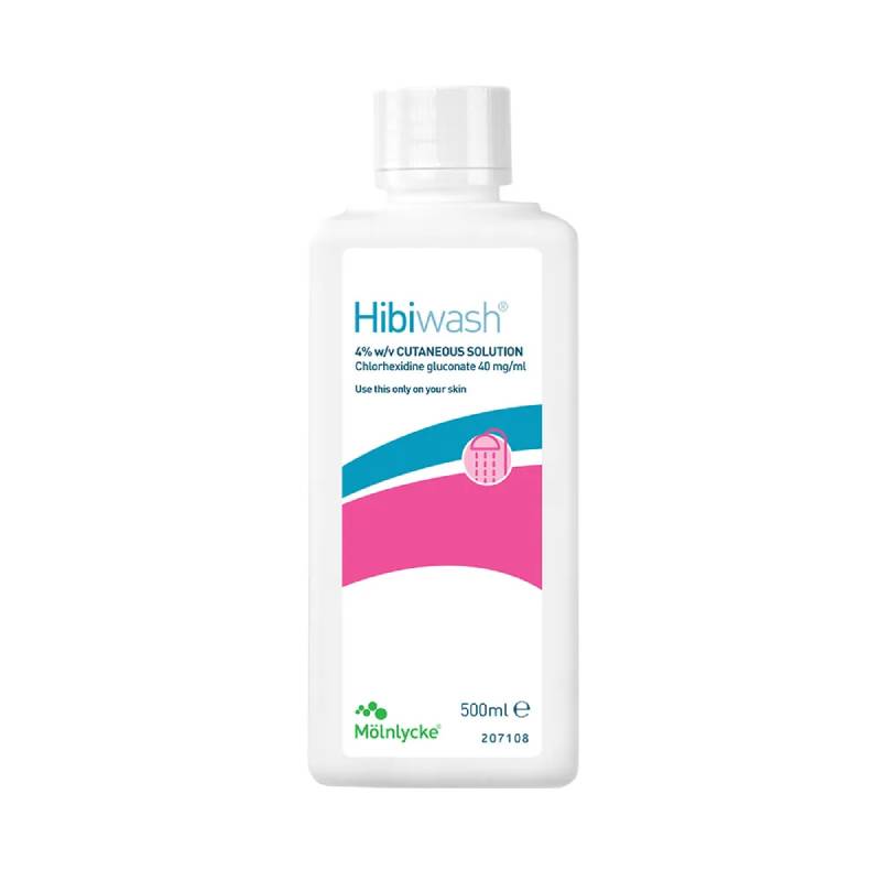 White bottle labeled Hibiwash 500ml, an antibacterial wash by Hibiscrub.