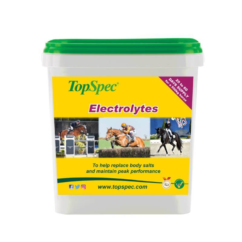 TopSpec Electrolytes 1.5kg, an equine supplement, with horses pictured on the label.