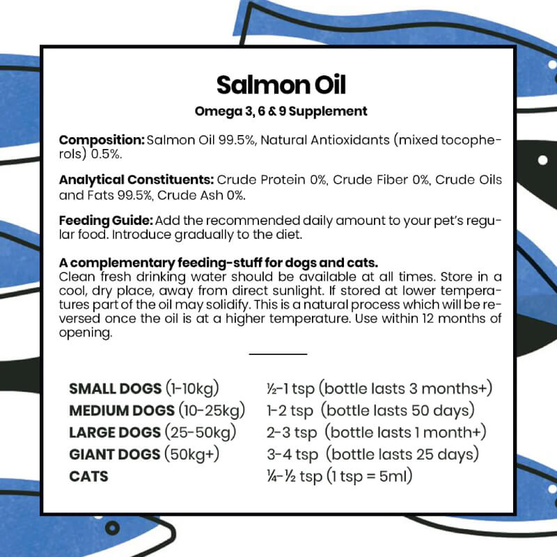 Pooch & Mutt Salmon Oil 500ml dosage chart, instructions, and Omega 3 info for pets.