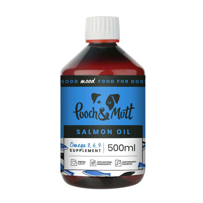 Pooch &amp; Mutt Salmon Oil 500ml for dogs, brown bottle with a blue label.