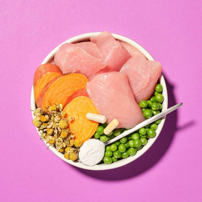 A bowl of Pooch & Mutt Calm & Relaxed Dog Food with chicken, sweet potato, peas, and chamomile.