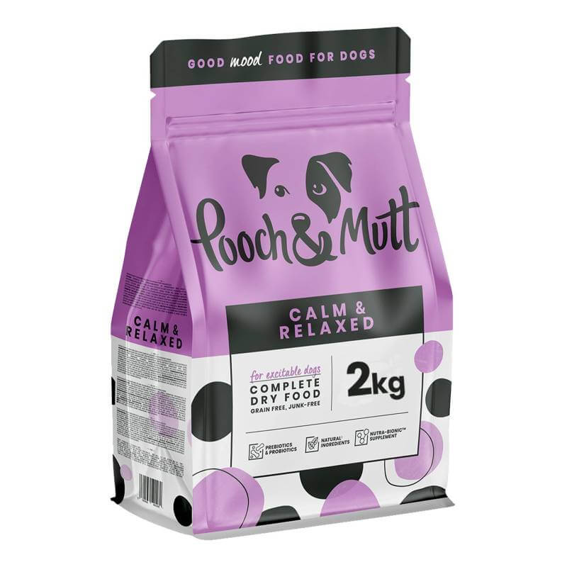 Pooch &amp; Mutt Calm &amp; Relaxed Premium Dog Food, 2kg, grain-free, purple and white bag.