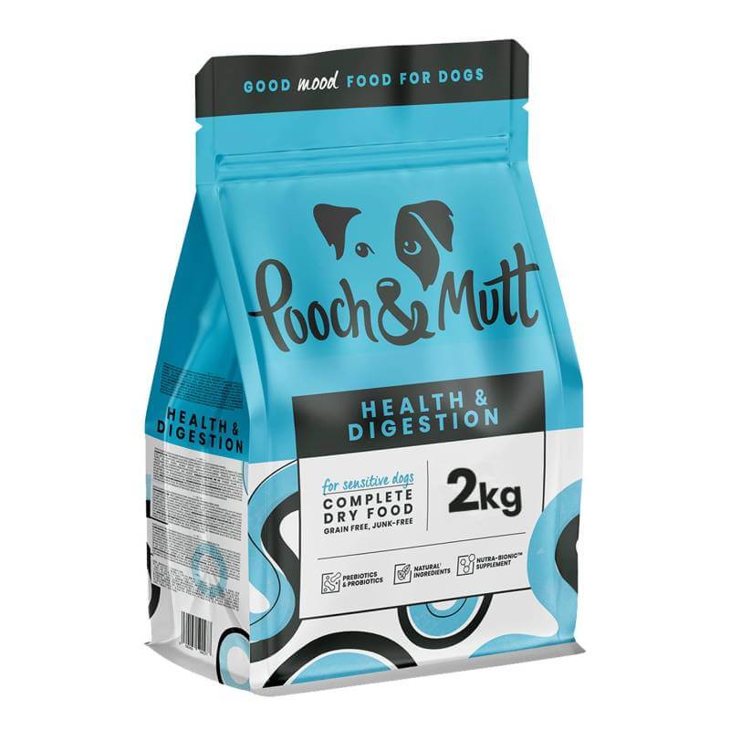 Pooch & Mutt Health & Digestion Premium Dog Food, 2kg bag for sensitive stomachs.