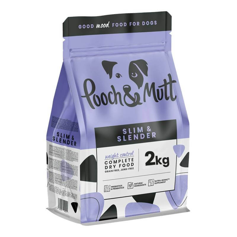 Purple 2kg bag of Pooch &amp; Mutt Slim &amp; Slender Premium Dog Food for weight control.